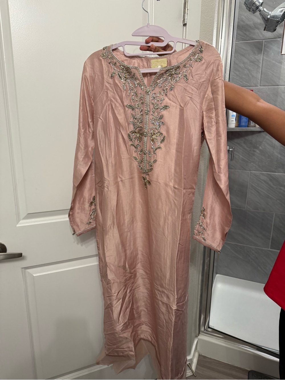 Beaded Blush Pink Long Sleeve Women's Dress